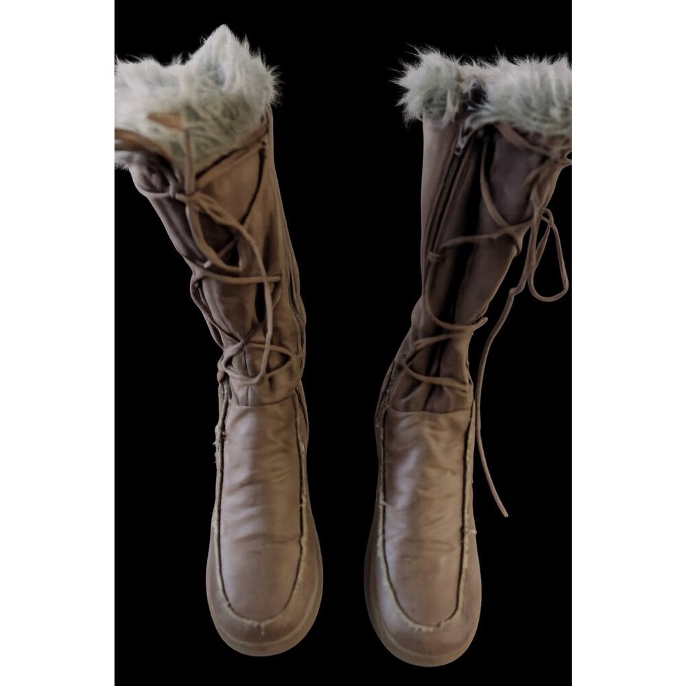 New York Fur Trim Knee High Boots Lace Up Zip Size 9.5 Boho